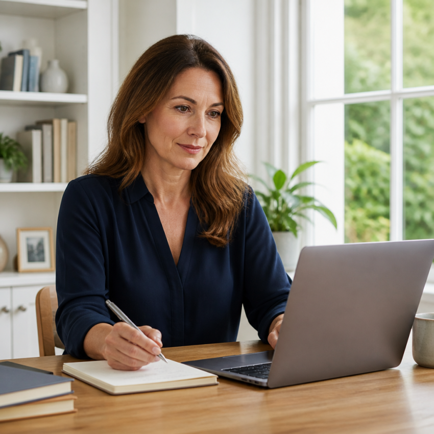 Woman balancing personal development and professional goals at a home workspace