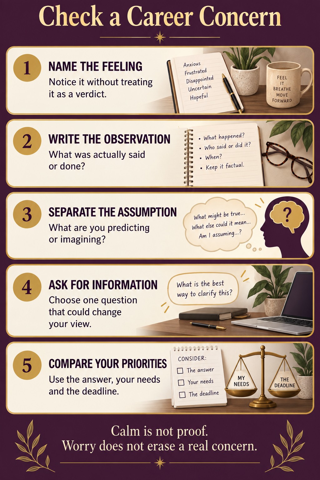 Check a Career Concern — a five-step illustrated guide; text version follows.